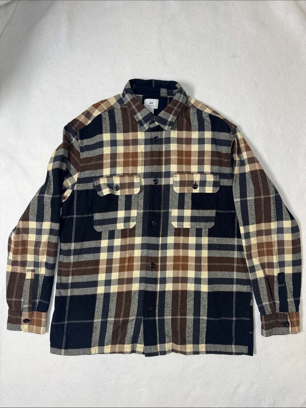 H&M Plaid Button-Up in Black, Brown & Cream
